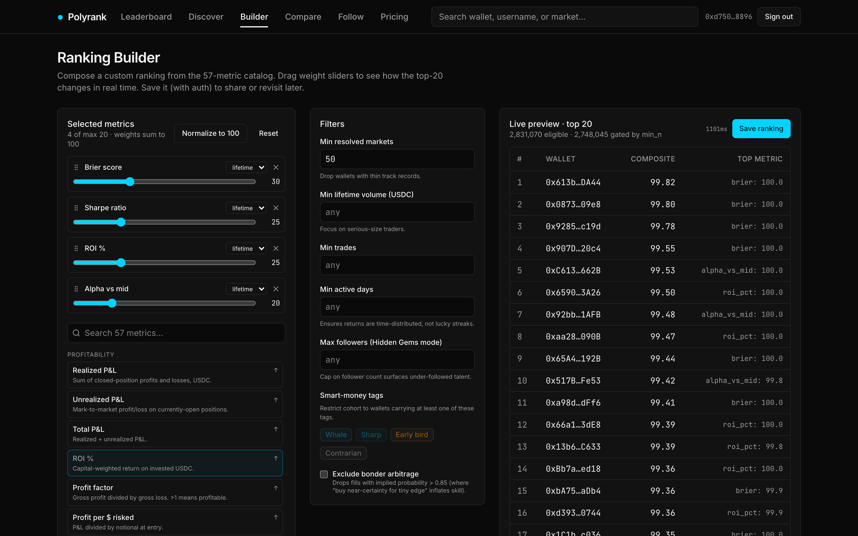 The Ranking Builder: weight sliders on selected metrics, universe filters, and the live top-20 preview recomputing as you drag